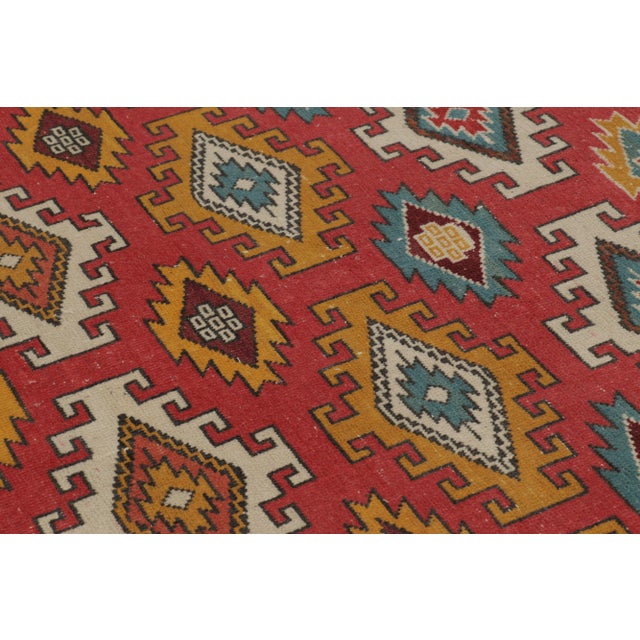 Textile Vintage Oushak Rug in Red With Bold, Colorful Geometric Patterns - Rug & Kilim For Sale - Image 7 of 8