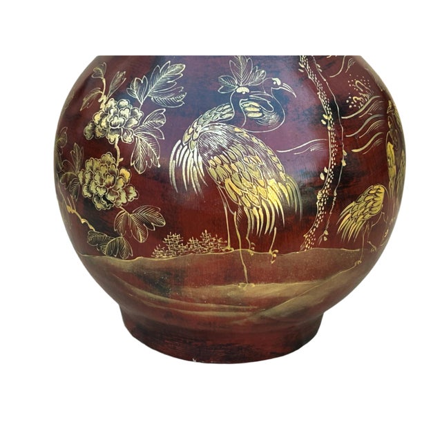Chinese Brown Lacquer Golden Scenery Decorative Wood Vase Art For Sale - Image 13 of 16