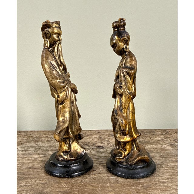 Wax Vintage 1950's Chinese Gold Gilt Figural Candle Sticks - A Pair For Sale - Image 7 of 7