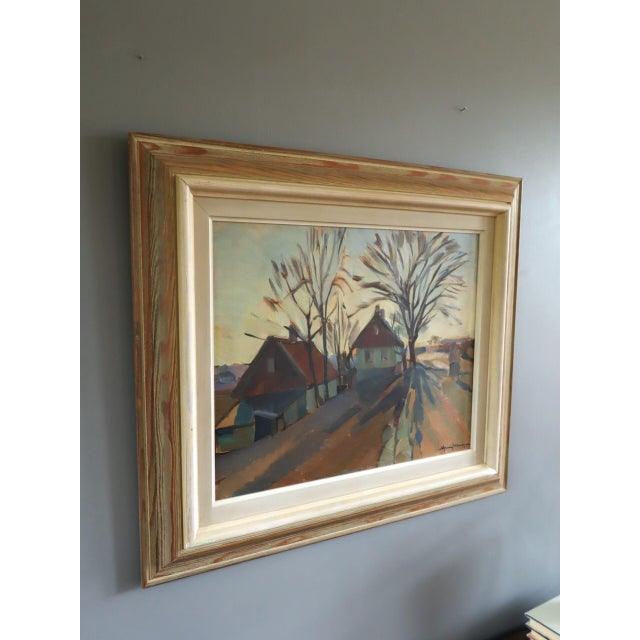 Mid-Century Modern 'The Quiet Road Home' Original Swedish Landscape Street Scene Oil Painting, Framed For Sale - Image 4 of 11