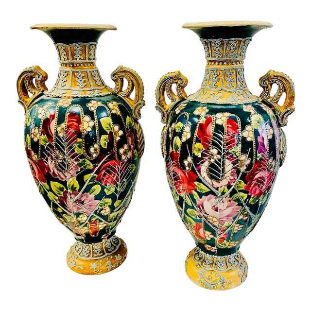 Moriage Enamel Nippon Style Double Handled Vases - a Pair For Sale