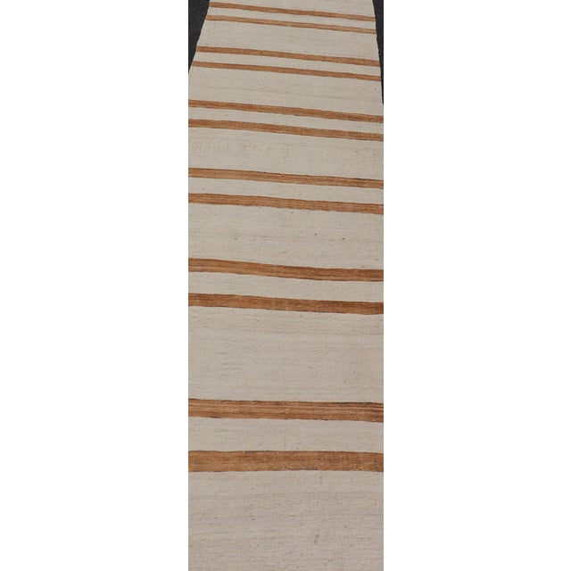 Vintage Turkish Kilim Runner With Horizontal Stripes in Ivory and Cognac For Sale In Atlanta - Image 6 of 12