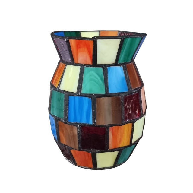 Vintage Multicolor Slag Glass / Stained Glass Welded Votive Candle Holder OR Vase to hold a faux floral arrangement...