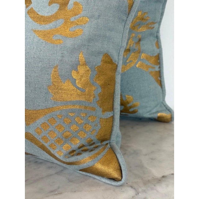 Nomi Stenciled Linen Lumbar Pillows in Celeste Blue, Usa For Sale - Image 10 of 11