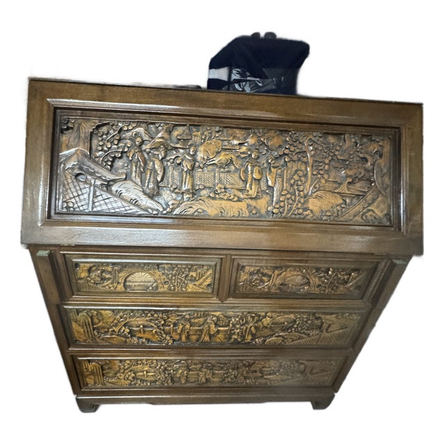 Exquisite Vintage Chinese Hand-Carved Secretary Desk For Sale