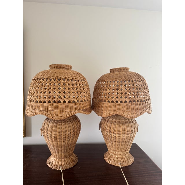 Mid 20th Century Vintage Wicker Urn Table Lamps With Rattan Shades a Pair For Sale - Image 5 of 12