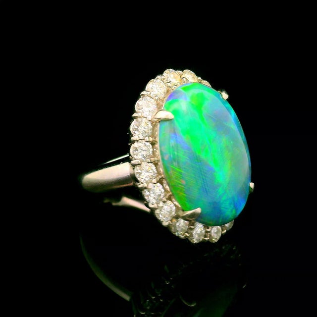Early 21st Century 8.38 Carat Australian Black Opal Diamond Platinum Halo Ring, Size 6 For Sale - Image 5 of 5