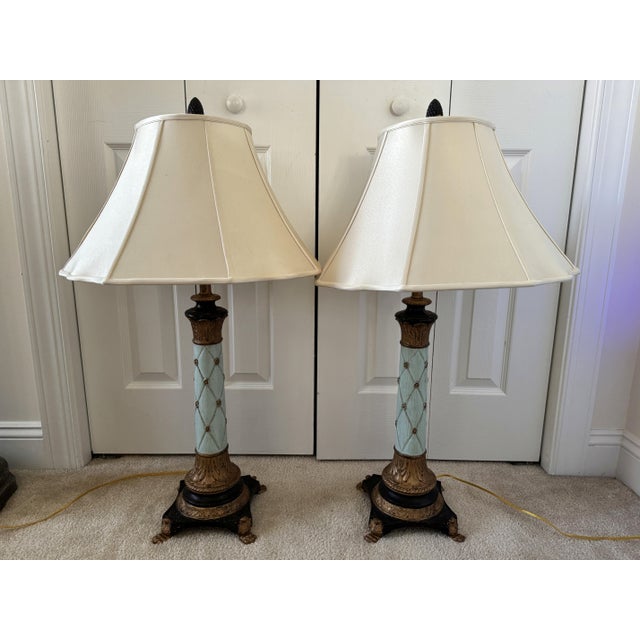 Vintage 1980s Italian Ceramic & Wood Gilt & Aqua Neoclassical-Style Empire Table Lamps For Sale - Image 10 of 18