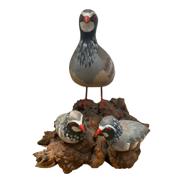 Vintage Carved Shorebird With Chicks on Burl Wood Base For Sale