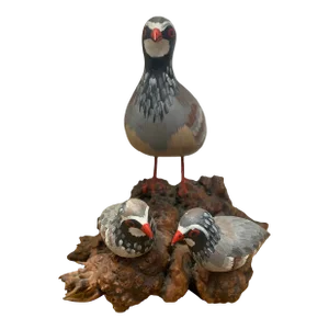 Vintage Carved Shorebird With Chicks on Burl Wood Base
