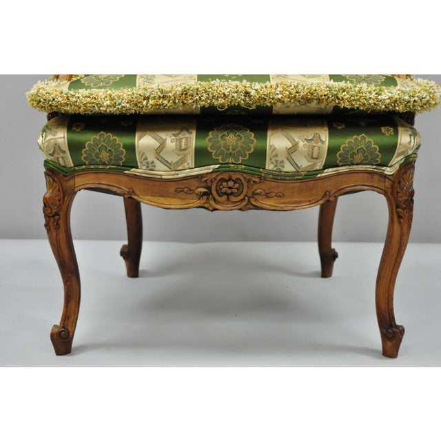 Green Antique French Louis XV Style Green & Gold Walnut Fauteuil Arm Chairs - A Pair For Sale - Image 8 of 12
