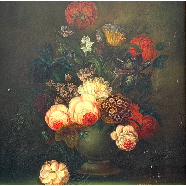 a gorgeous antique painting inspires still life , beautiful colorful flowers in jardiniere. adorns in striking ornate...