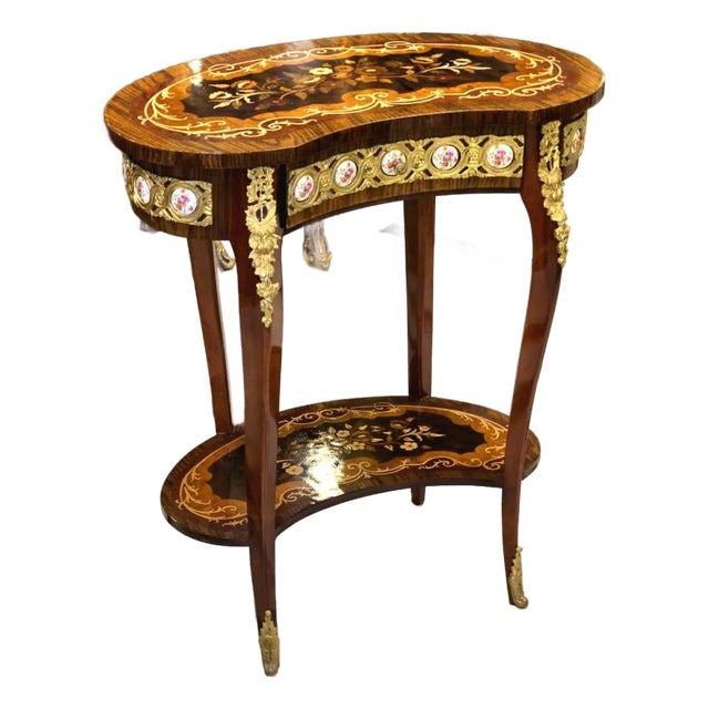 Romantic French Louis XV Floral Marquetry Side Table With Gold Leaf & Bronze Ormolu Accents For Sale