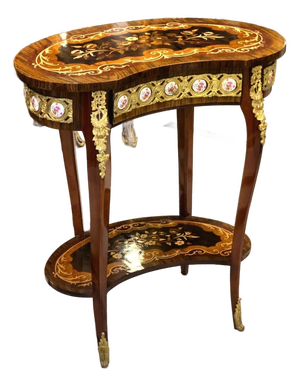 Romantic French Louis XV Floral Marquetry Side Table With Gold Leaf & Bronze Ormolu Accents