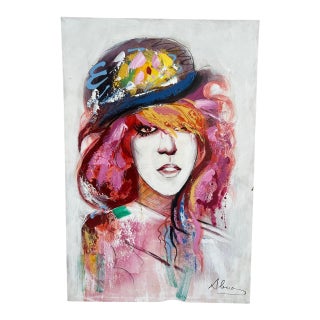 Vintage Postmodern Style 1980s Canvas Oil Painting Wall Art Signed Women Portrait For Sale