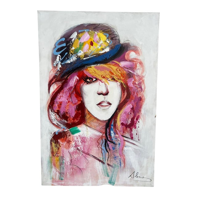 Vintage Postmodern Style 1980s Canvas Oil Painting Wall Art Signed Women Portrait For Sale