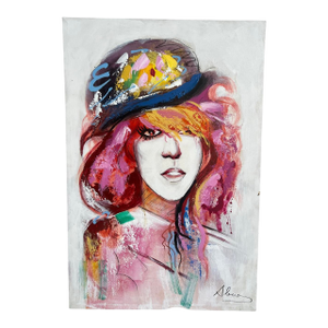 Vintage Postmodern Style 1980s Canvas Oil Painting Wall Art Signed Women Portrait