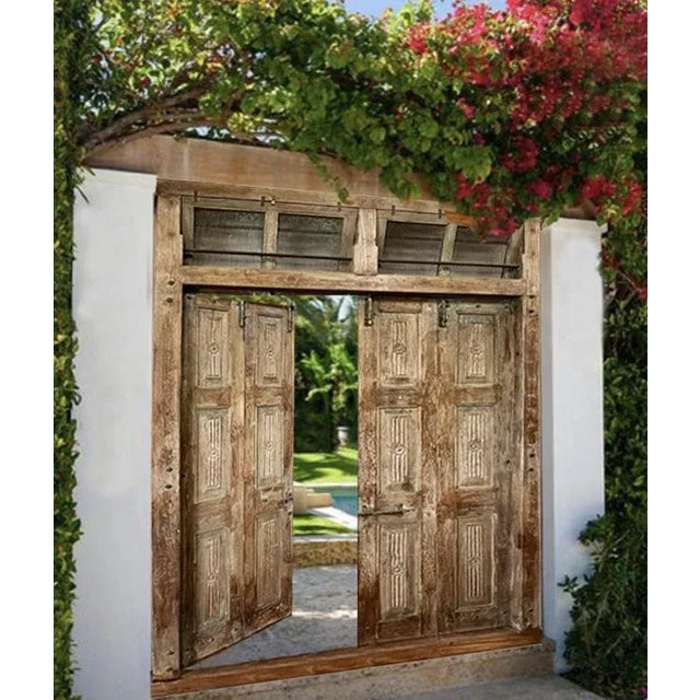 Antique Rustic Carved Exterior Teak Double Hinged Doors, Colonial Plantation Architecture For Sale - Image 4 of 13