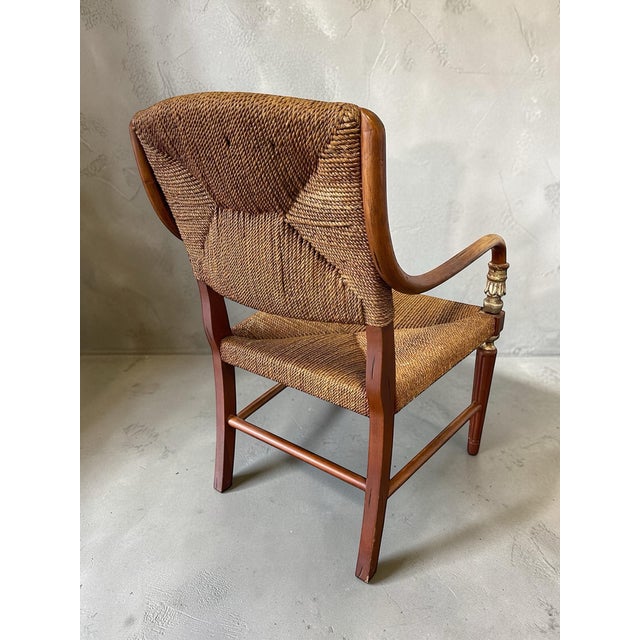 Donghia Vintage Rush Seat Armchair With Bent Rattan Arms, Campaign / Neoclassical Accent Chair in the Style of Donghia For Sale - Image 4 of 10