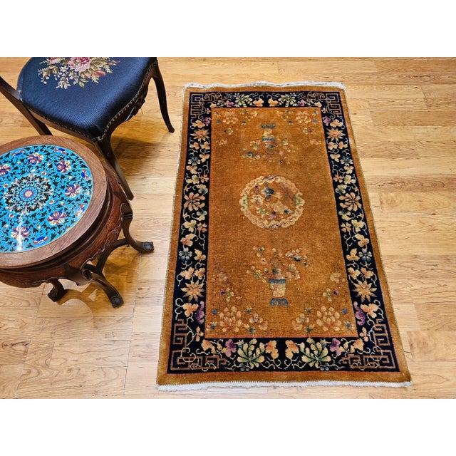 Vintage Chinese Art Deco Area Rug, Hand-Knotted Wool Pile, Tan, Dark Blue, 1920s For Sale - Image 4 of 12