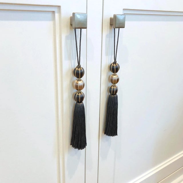 Contemporary Pair of Smoky Ash and Stone Colored Beaded Key Tassels For Sale - Image 3 of 14