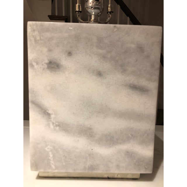 Stunning Solid granite table lamps with silver base with rectangular “silk” lamp shades. The lamps at 8 inches wide, 4,5...