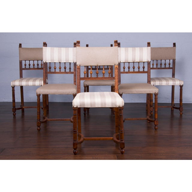 Antique French Renaissance Henry II Style Walnut Dining Chairs W/ Linen Fabric - Set of 6 For Sale - Image 13 of 13