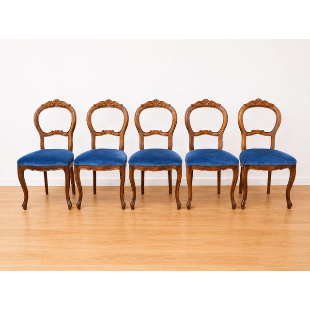 Louis Philippe Chairs in Walnut and Blue Velvet, 1950s, Set of 5 For Sale - Image 15 of 15