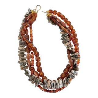 Vintage Multi-Strand Freshwater Pearl, Carnelian Amber, and Goldtone Beaded Necklace For Sale