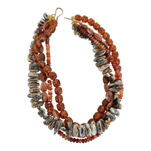Vintage Multi-Strand Freshwater Pearl, Carnelian Amber, and Goldtone Beaded Necklace