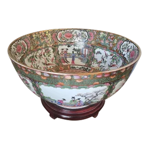 Mid Century Chinese Export Rose Medallion Punch Bowl on Wood Stand