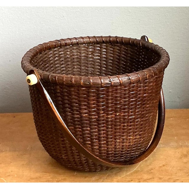 Vintage Woven Rattan Nantucket Basket With Handle For Sale - Image 12 of 12