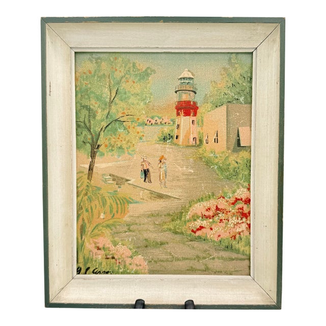 Midcentury Bermuda St. David’s Lighthouse Signed Original Painting, Circa 1950s–60s For Sale