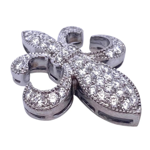 Metal Vintage 18k White Gold Fleur-De-Lis Diamond Pendant For Sale - Image 7 of 10