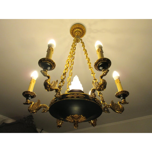 Gold French Napoleon Empire Style Brass Chandelier with Swans and Green Glass Lampshades, 1970s For Sale - Image 8 of 18