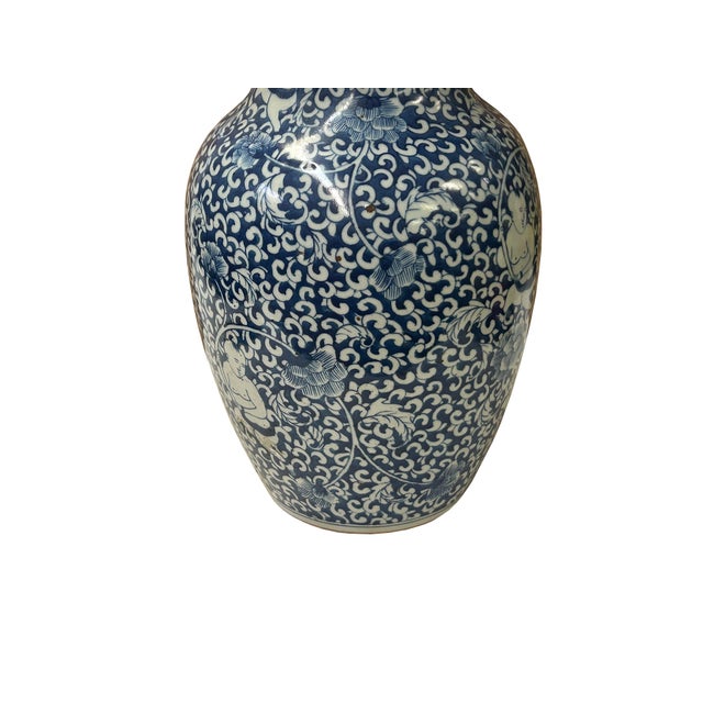 Oriental Blue White Kids Among Flower Graphic Porcelain Art Vase For Sale - Image 14 of 15
