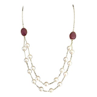 Akoya Pearl Ruby Necklace 14k Gold Certified For Sale