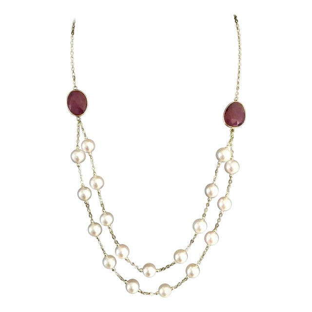 Akoya Pearl Ruby Necklace 14k Gold Certified For Sale