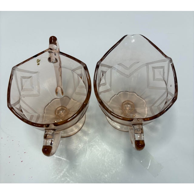 Cambridge Glass Company Art Deco Pink Etched Glass Cream and Sugar Set, Cambridge Style, C. 1930s - a Pair For Sale - Image 4 of 10