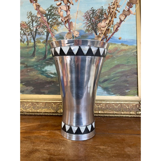 Vintage Towle Silversmiths Modernist Metal Vase With Black and Mother-of-Pearl Geometric Inlay For Sale - Image 4 of 9