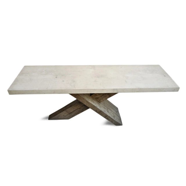 Antiqued white concrete top console table with X shape salvaged pine wood base. Beautiful modern piece with warmth and...