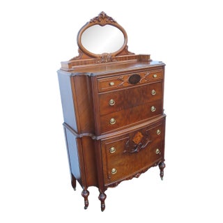 Early 1900s Jacobean Carved Inlay Tall Chest of Drawers With Mirror 6610 For Sale