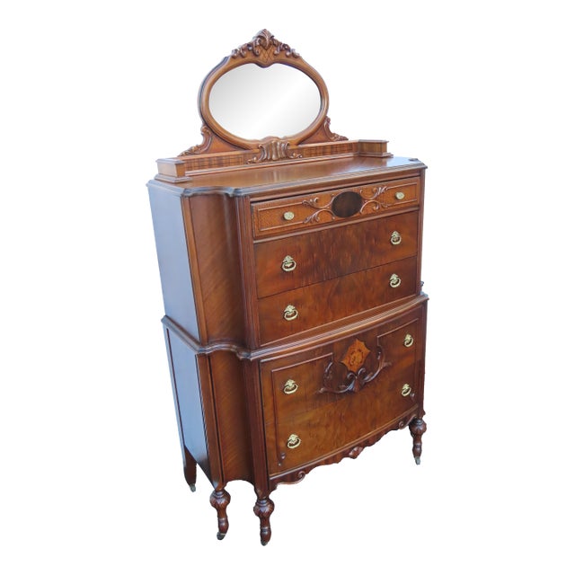 Early 1900s Jacobean Carved Inlay Tall Chest of Drawers With Mirror 6610 For Sale