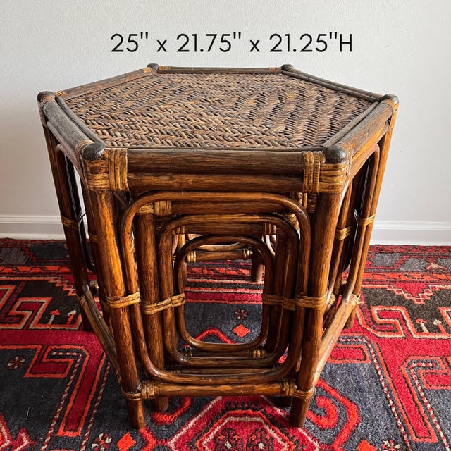 Vintage Rattan & Bamboo Hexagonal Nesting Tables – Set of 3 (Newly Refinished) For Sale - Image 4 of 12