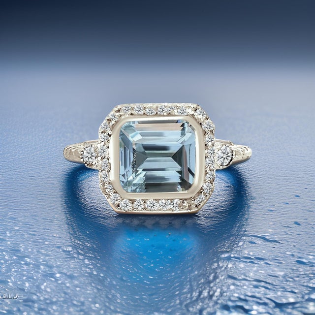 Traditional Natural Aquamarine Diamond Ring 6.5 14k White Gold 3.05 TCW Certified For Sale - Image 3 of 13