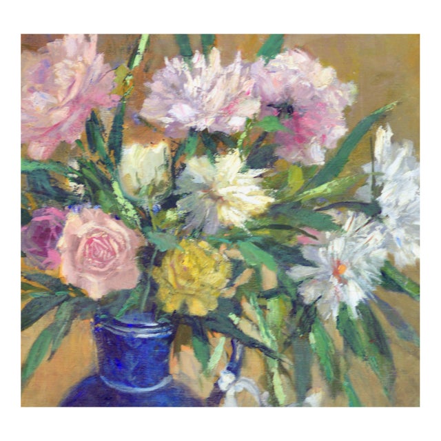 Mid Century Roses With Blue Vase Still Life by Virgi Cokelberghs For Sale - Image 4 of 6