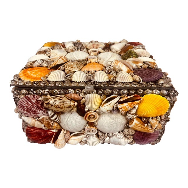 Large Multi Colored Natural Sea Shell Covered Box-Hinged For Sale