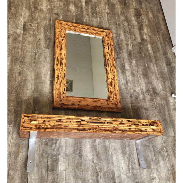Contemporary Rare Vintage Burnt Bamboo Floating Console Table and Wall Mirror For Sale - Image 3 of 12