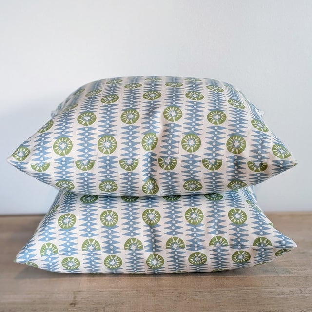Charlotte Gaisford Happy Star Pillows in smoking blue. This linen/cotton blend features a pretty geometric star print in...