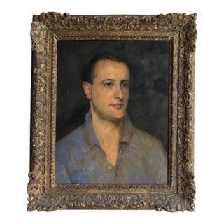 Captivating Portrait of a Man in an Open Shirt, Original Antique Oil Painting, Early 20th Century For Sale